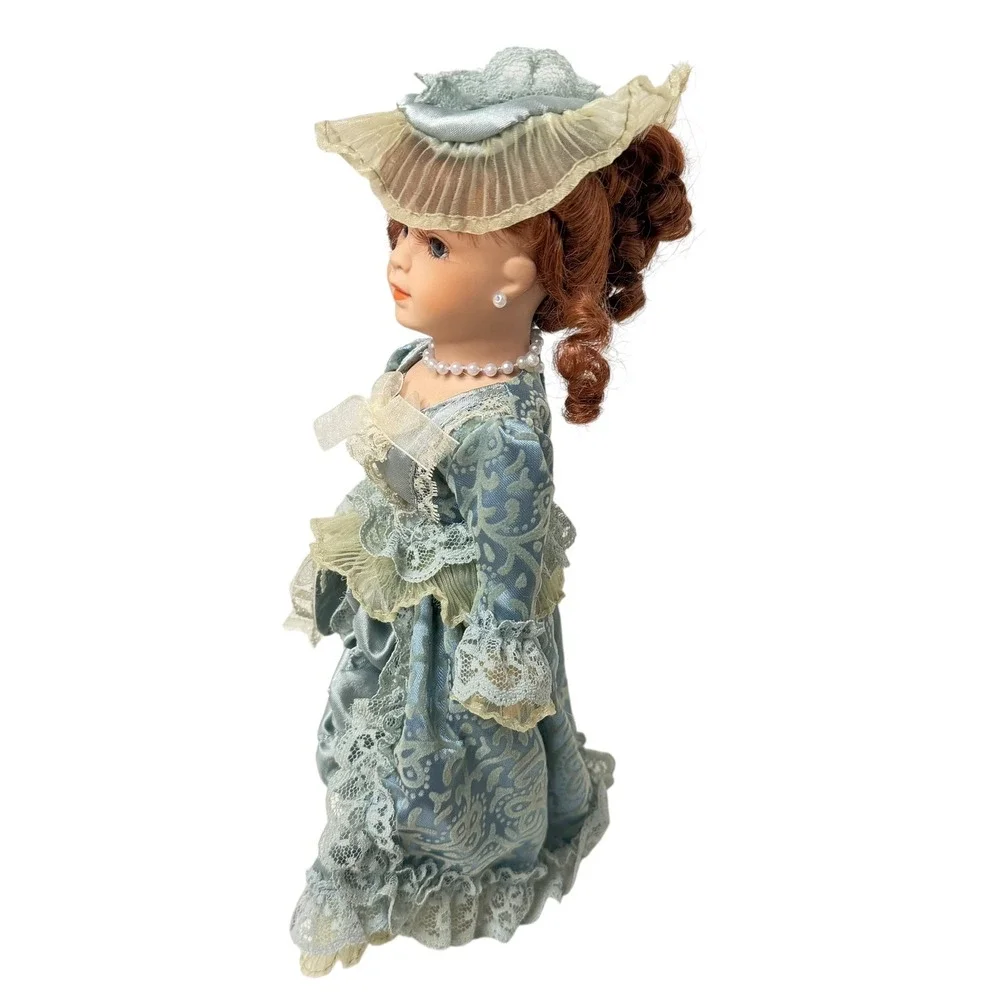 Victorian Porcelain Doll 12 Inch Blue Victorian Lace Gown Auburn Ringlets Hat
